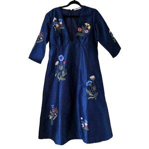 Wayward Fancies eShakti L Floral Embroidery Dupioni Midi Empire Indigo Dress